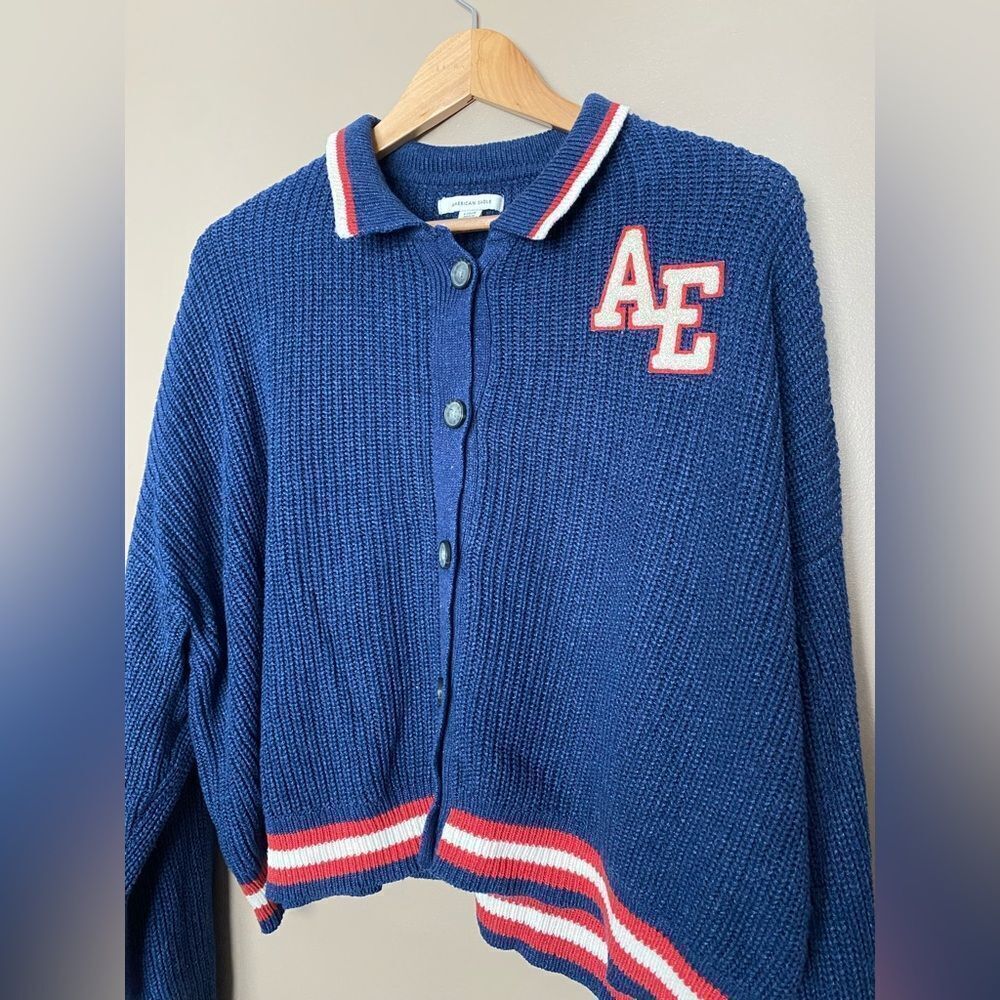 AMERICAN EAGLE varsity cardigan sweater navy blue preppy Varsity Academic sz L